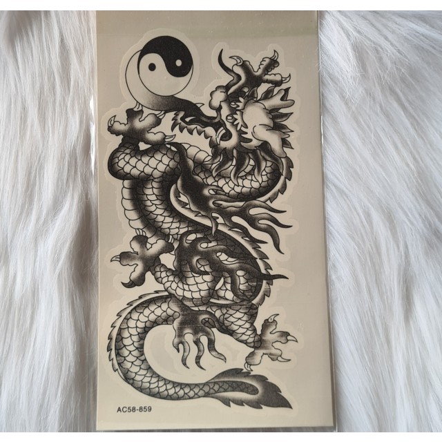 Komplet tatujev črno-beli z zmajem in jin jang znakom