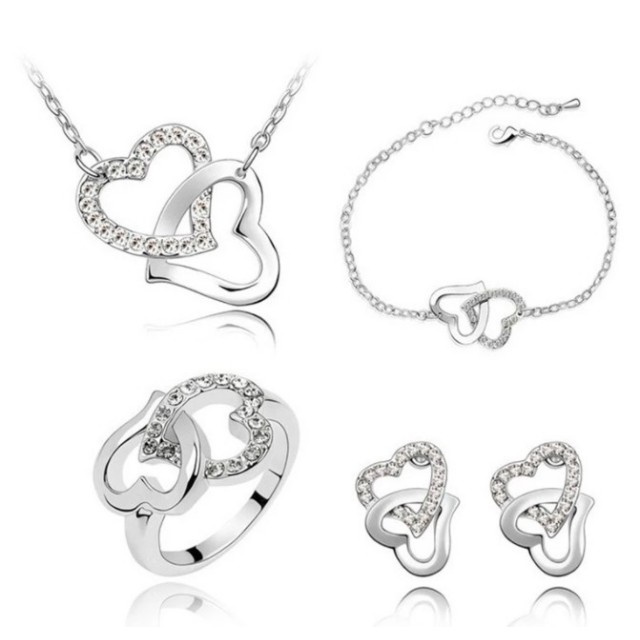 4 delni eleganten komplet dvojno srce, srebrne barve 