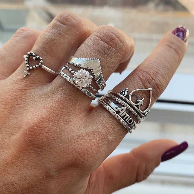 Komplet prstanov diamant, srčki v srebrni barvi 4001