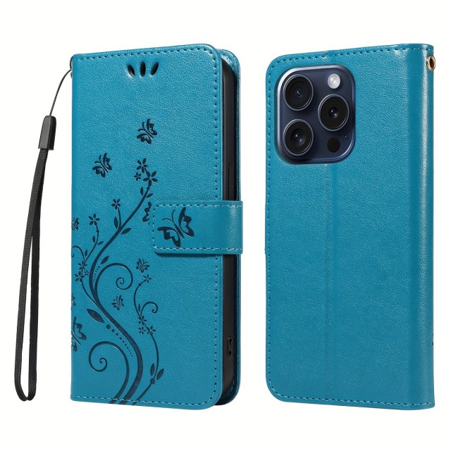 Šik reliefni usnjen ovitek z metulji moder iPhone 14