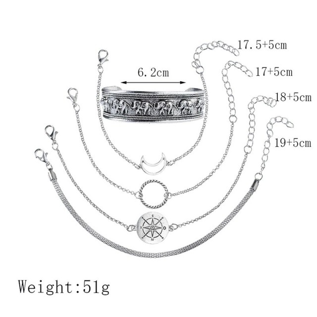 Komplet 5 zapestnic slon, srebrne