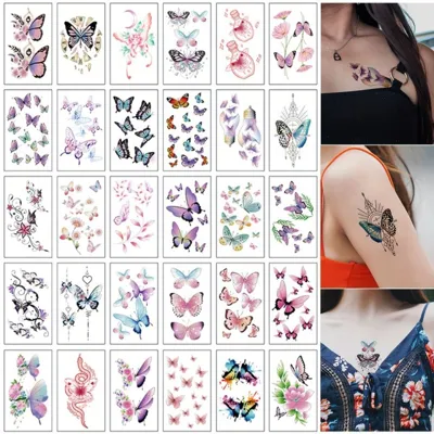 Komplet 30 začasnih tattoo nalepk s pisanimi metulji 