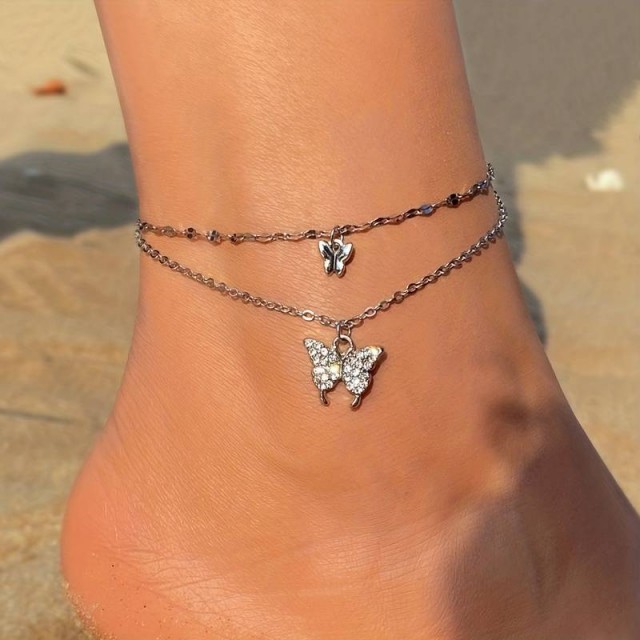 Zapestnica za nogo z dvojnim metuljčkom, srebrna