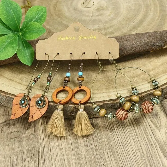 Komplet 3 parov uhanov, viseči boho stil, listki