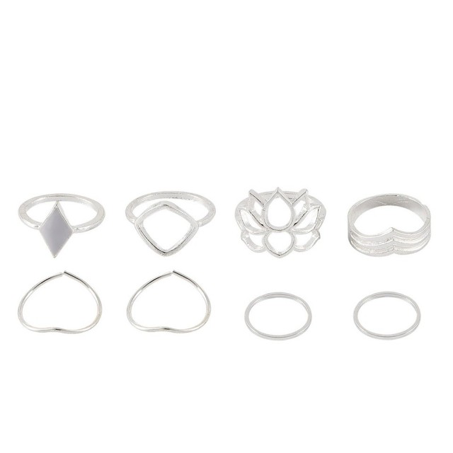 Komplet 8 prstanov v srebrni barvi, lotus