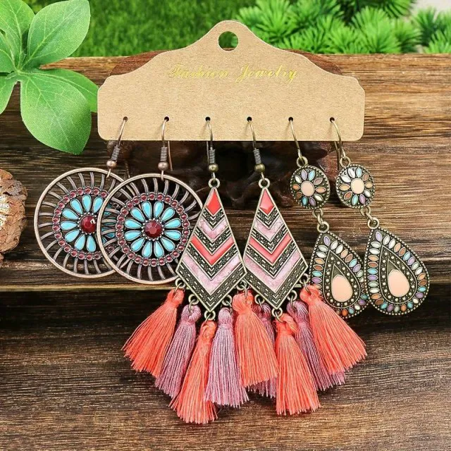 Komplet 3 parov uhanov, viseči boho stil