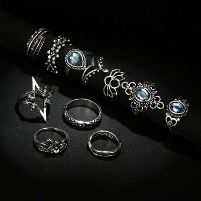 11 delni set prstanov bohem videz, srebrne barve