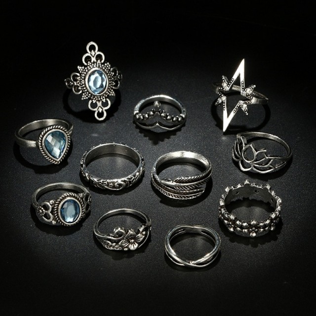 11 delni set prstanov bohem videz, srebrne barve