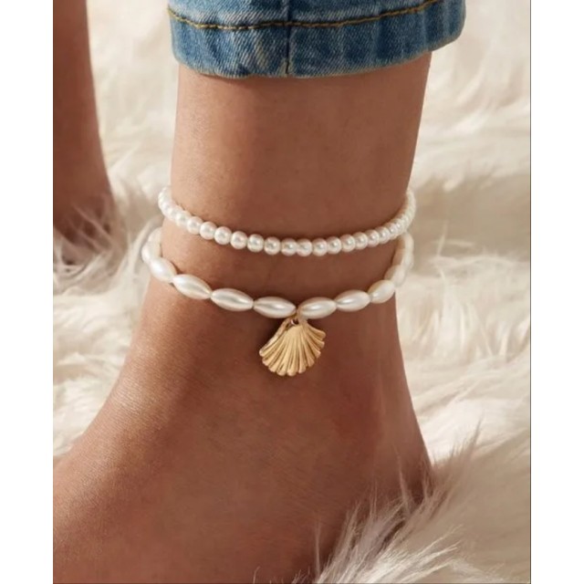 Dvodelna zapestnica za nogo s perlicami in školjko 
