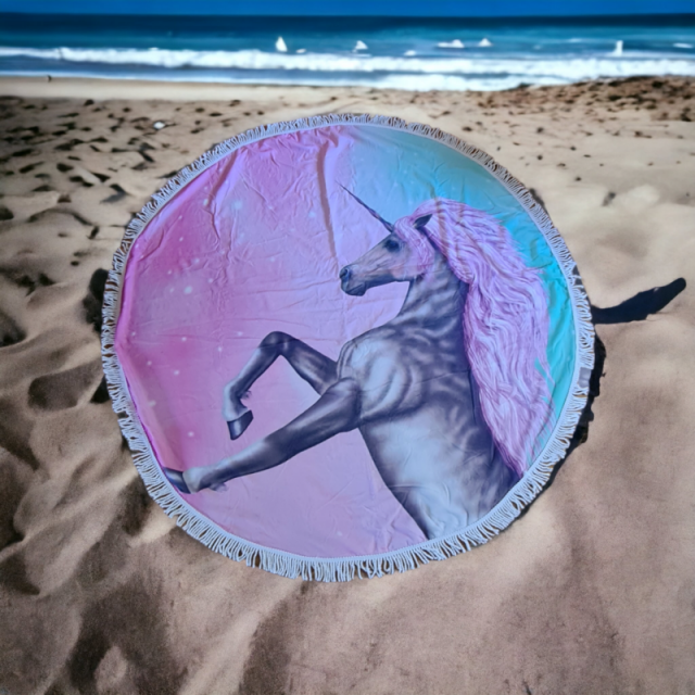 Okrogla brisača za plažo unicorn vijola