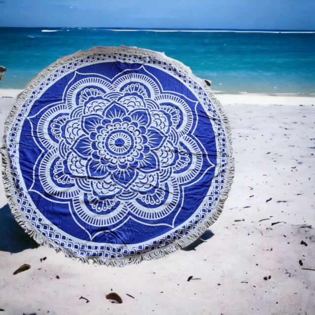 Okrogla brisača za plažo modra z mandala potiskom