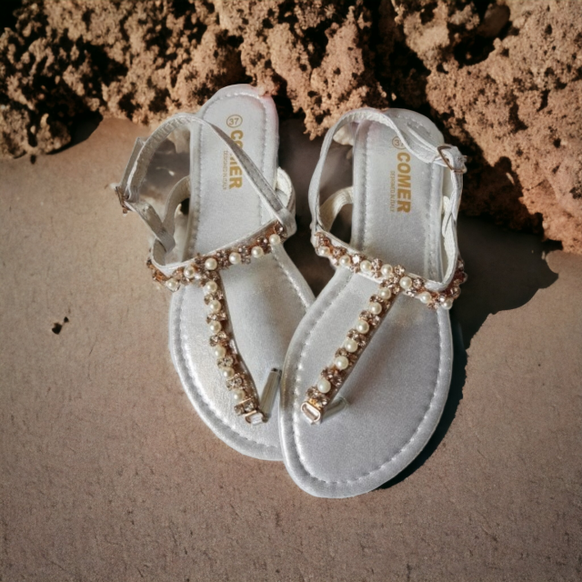 Sandali belo zlati s perlicami ALS031 WHITE-2A