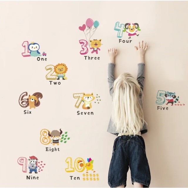 7D stenska nalepka za otroško sobo, številke in živali 