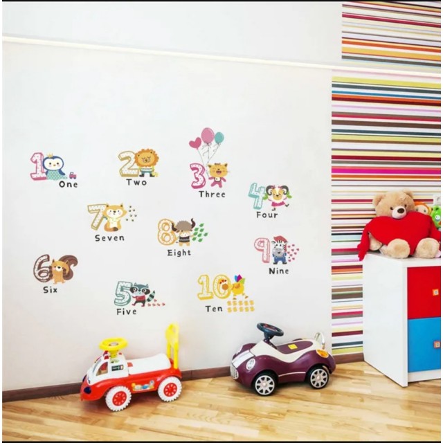 7D stenska nalepka za otroško sobo, številke in živali 
