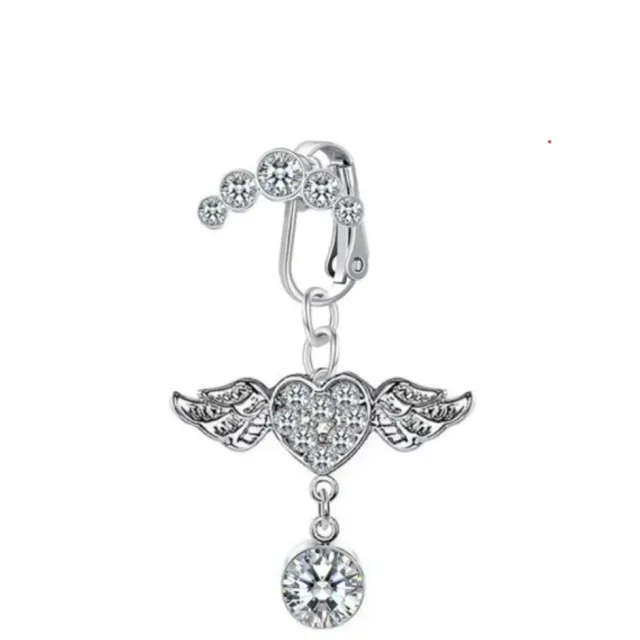 Fake piercing za popek v srebrni srce s krili 