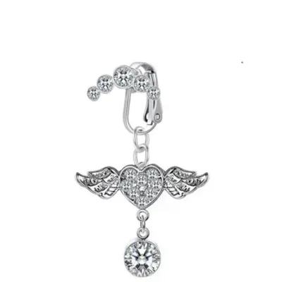 Fake piercing za popek v srebrni srce s krili 