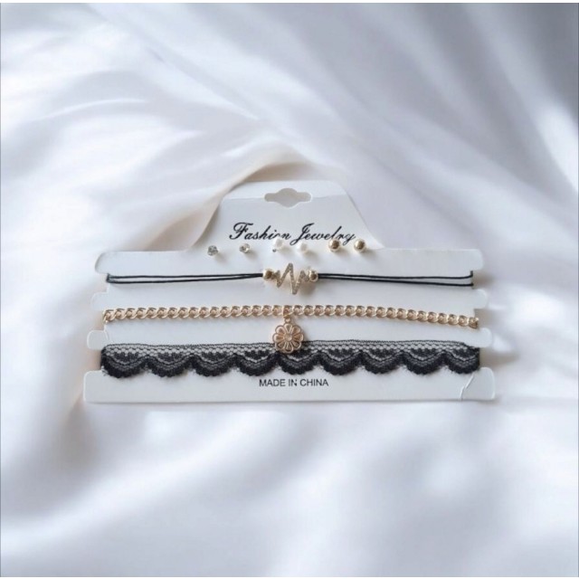 Komplet 3 choker ogrlic in 3 pari uhani 