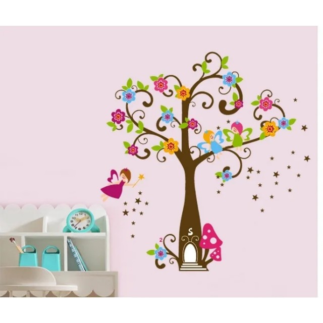 Stenska nalepka za otroško sobo, vile na drevesu