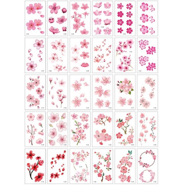 Komplet 30 začasnih tatu nalepk s pink rožicami C-01