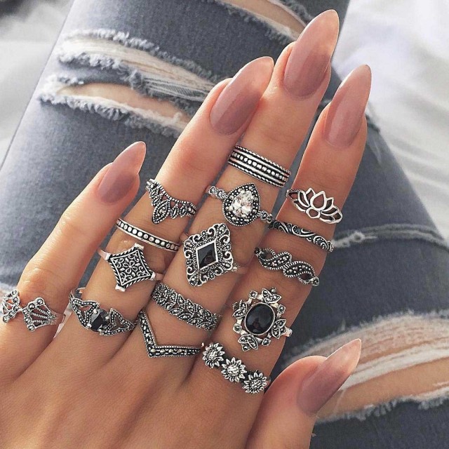 15 delni set prstanov lotus, srebrne barve