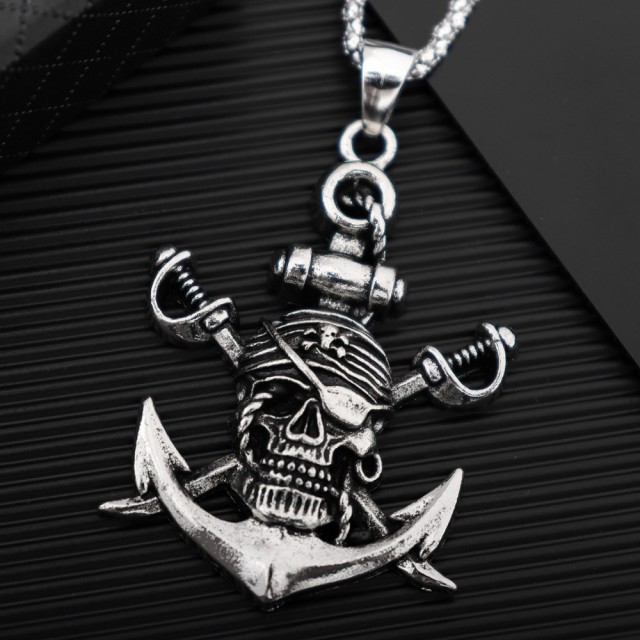 Moška piratska ogrlica s sidrom in lobanjo