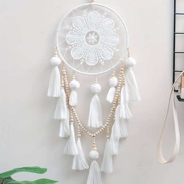 Boho Chic beli lovilec sanj z resami in lesenimi dodatki