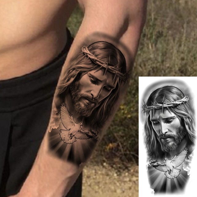 Začasna tattoo nalepka tetovaža Jezusa Kristusa in mirne golobice