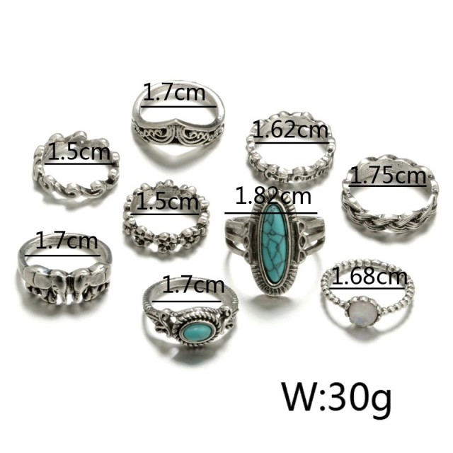 Komplet 9 prstanov v srebrni barvi, z modrimi kamni,3589 