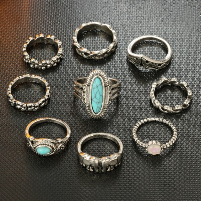 Komplet 9 prstanov v srebrni barvi, z modrimi kamni,3589 