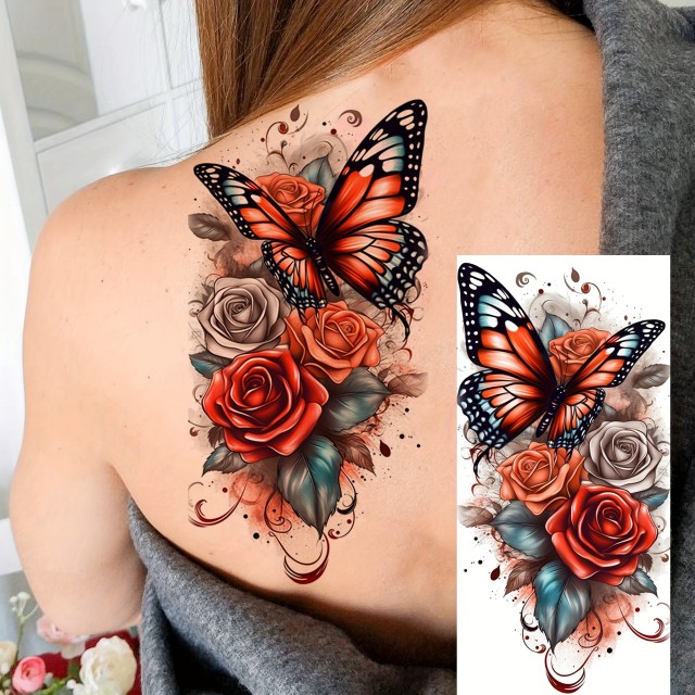 Začasna nalepka s tatujem metulja in rože - vodoodporna