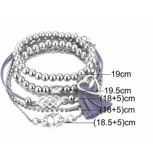 5 delni komplet zapestnic v srebrni barvi, srce in lotus