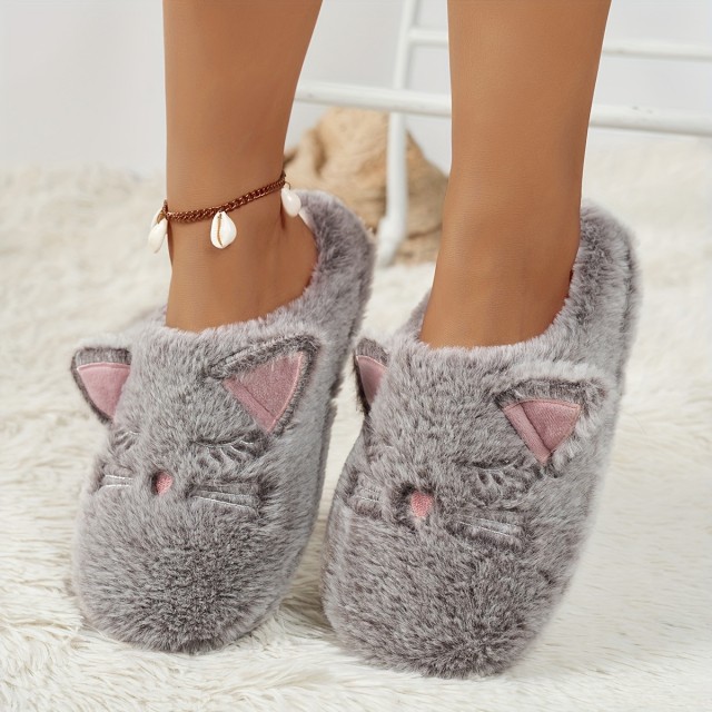 Ženski plišasti hišni copati z motivom sive mucke 