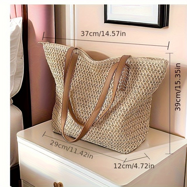 Velika pletena ročna torba - elegantna bež torba z zapiranjem na zadrgo
