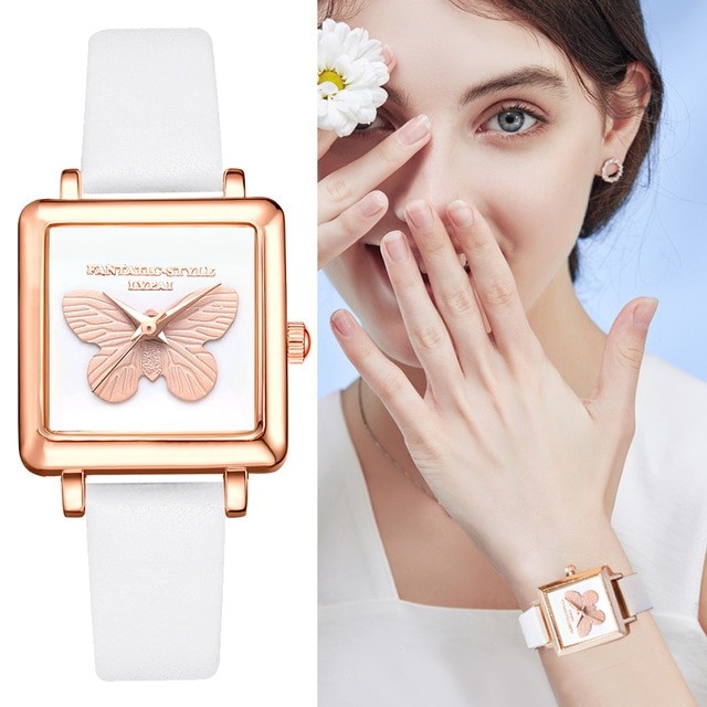 Modna ženska ura z motivom metuljčka, bela