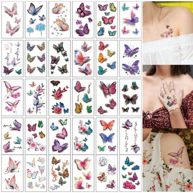 Komplet 30 mini tatujev s pisanimi metuljčki