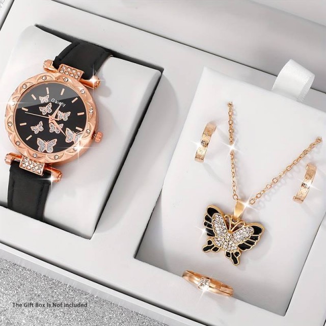 5 delni komplet ženske ure z nakitom, z metuljčki