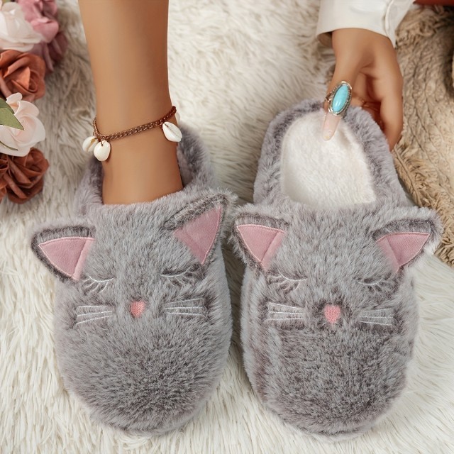 Ženski plišasti hišni copati z motivom sive mucke 