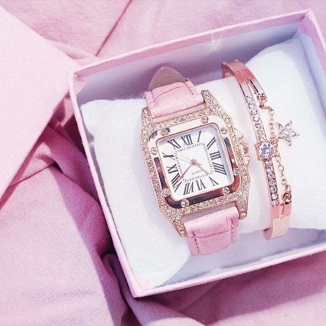 Elegantna ura v roza barvi z zapestnico, komplet 