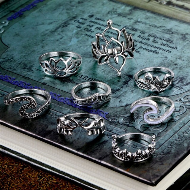 11 delni set prstanov v srebrni barvi, lotus