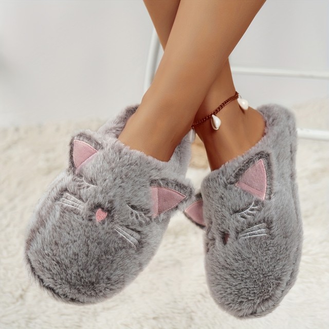 Ženski plišasti hišni copati z motivom sive mucke 