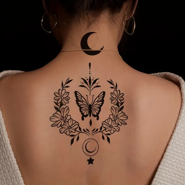 Začasna tattoo nalepka s črnim metuljem in polmesecem 