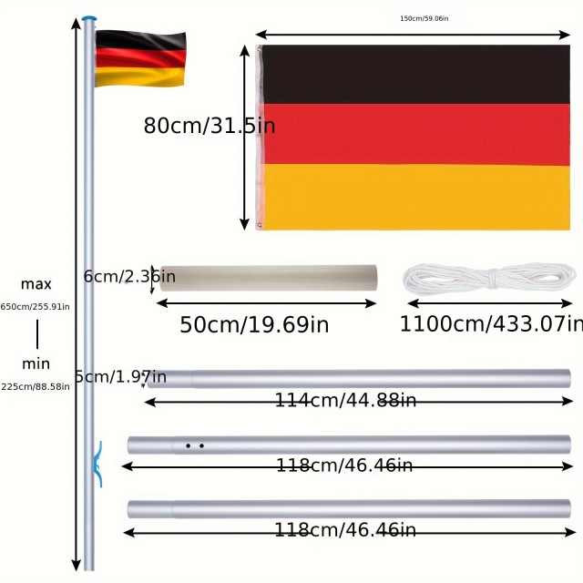 Nastavljiv aluminijast drog za zastave (višina 225–650 cm)