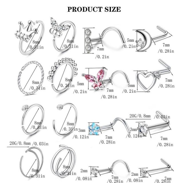 Komplet 16 piercingov za nos, luknjica ni potrebna