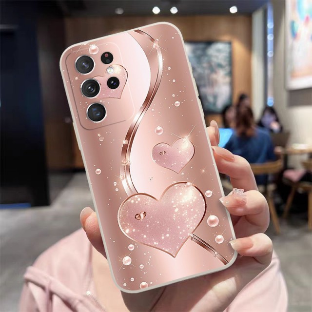 Rožnato-zlati ovitek za telefon z bleščečimi srci (Samsung Galaxy A16)