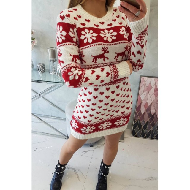 Daljši božični pulover obleka UNI belo-rdeča