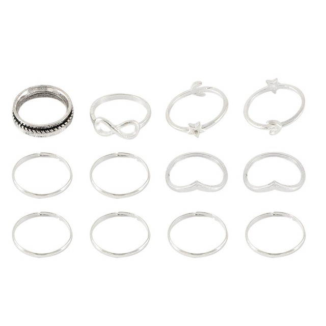 Komplet 12 prstanov v srebrni barvi