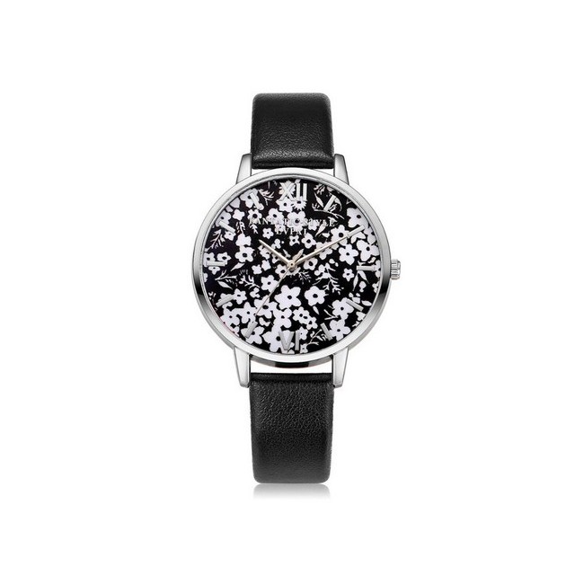 Modna ura s cvetličnim ozadjem črna