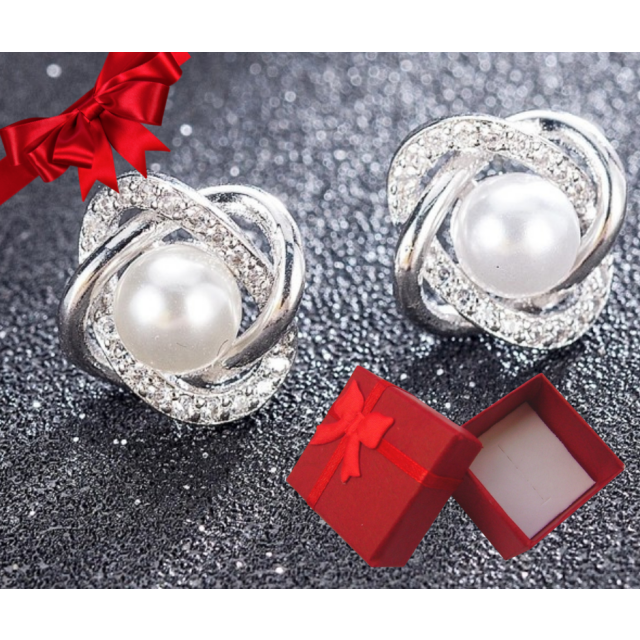 Uhani elegantni z belo perlico + rdeča darilna škatlica