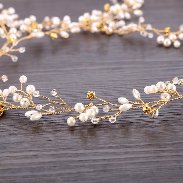 Poročna tiara belo-zlata s perlicami